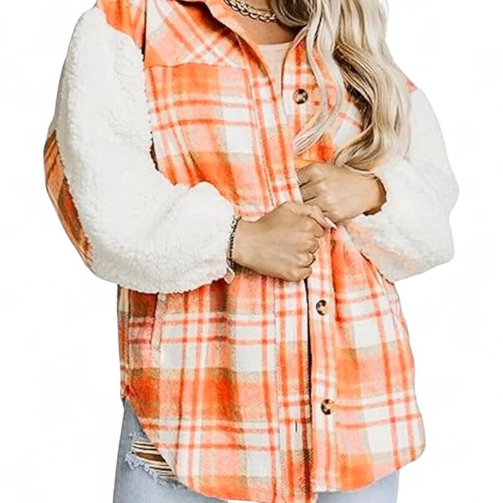 NWT Sherpa Sleeve Flannel Shacket Jacket Size S Orange White Plaid Western Boho